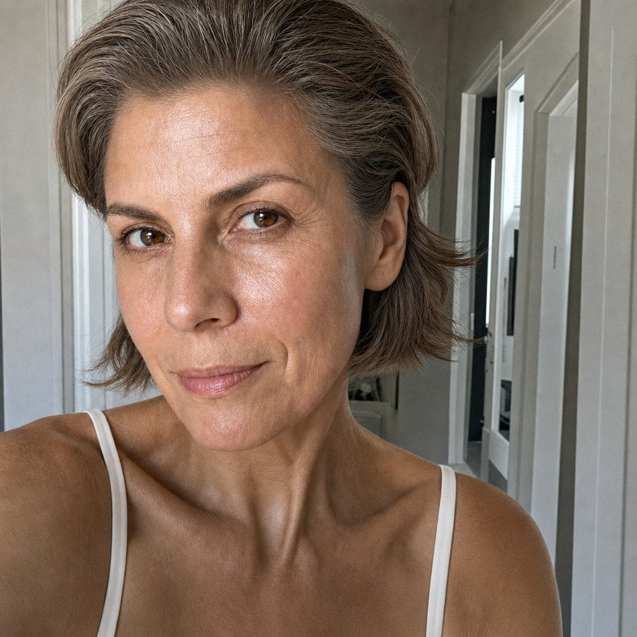 A woman in her fifties, bare-faced in warm morning light