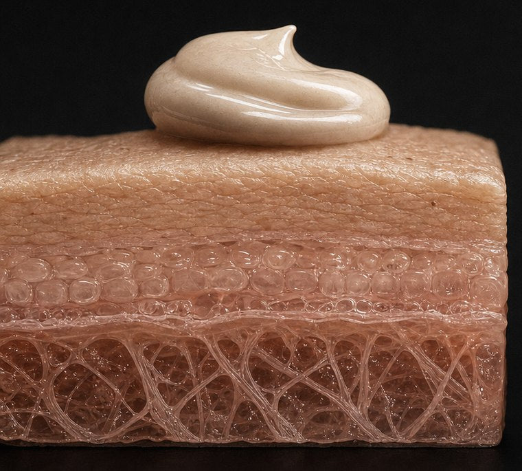 Cross-section: cream sits on top of the skin barrier, nothing reaches below
