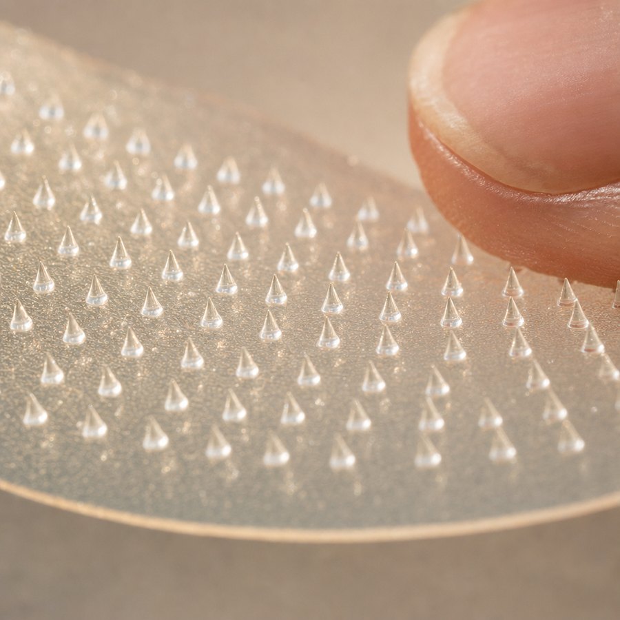 Macro of the patch surface: tiny translucent serum points beside a fingertip